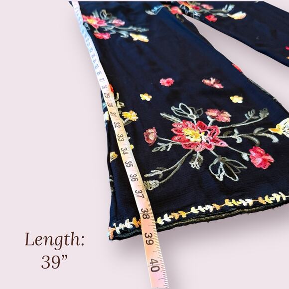 LIV Los Angeles Embroidered Wide Leg Pants Black Floral Boho Festival Rayon Sz S - Picture 6 of 11